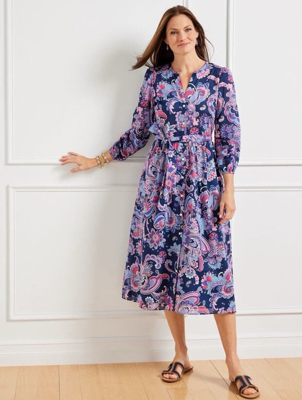 Talbots Women’s Voile Fit Flare Shirt Dress Swirl Floral No Belt Purple Size 8P